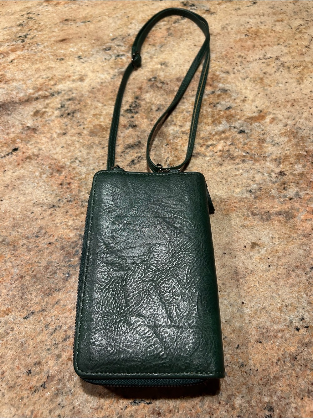 Forest Green Leather Crossbody Phone Wallet Multi Compartment 7.50”x5” ; 16”drop